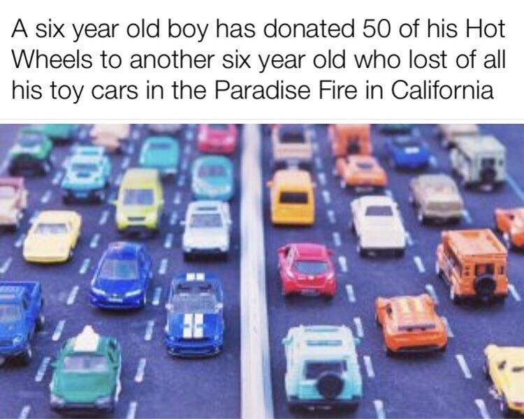 A six year old boy has donated 50 of his Hot Wheels to another six year old who lost of all his toy cars in the Paradise Fire in California