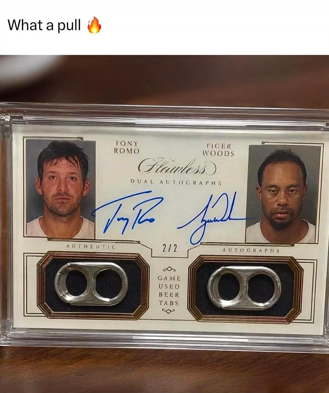 What a pull 🔥 Tony Romo Tiger Woods Flawless Dual Autographs Authentic 2/2 Game Used Beer Tabs Autographs