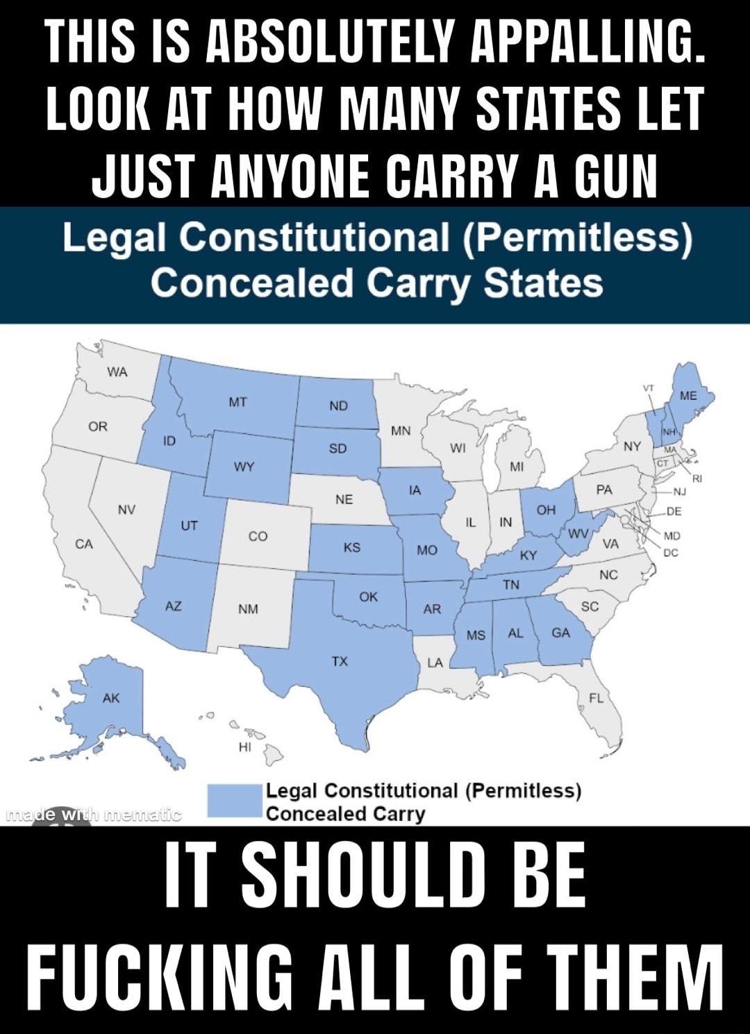 THIS IS ABSOLUTELY APPALLING LOOK AT HOW MANY STATES LET JUST ANYONE CARRY A GUN E TN LG ETN CEN T RS ofe oT F 110 Hor Ty ST E1 1 Legal Constttiona Permitess IT SHOULD BE FUCKING ALL OF THEM