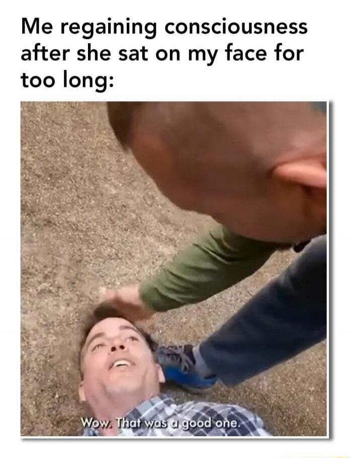 Me regaining consciousness after she sat on my face for too long:
Wow, That was a good one.