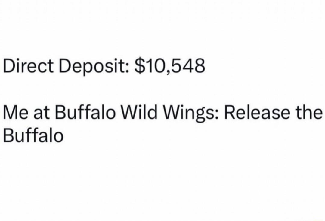 Direct Deposit: $10,548
Me at Buffalo Wild Wings: Release the Buffalo
Session ID: 1026024.