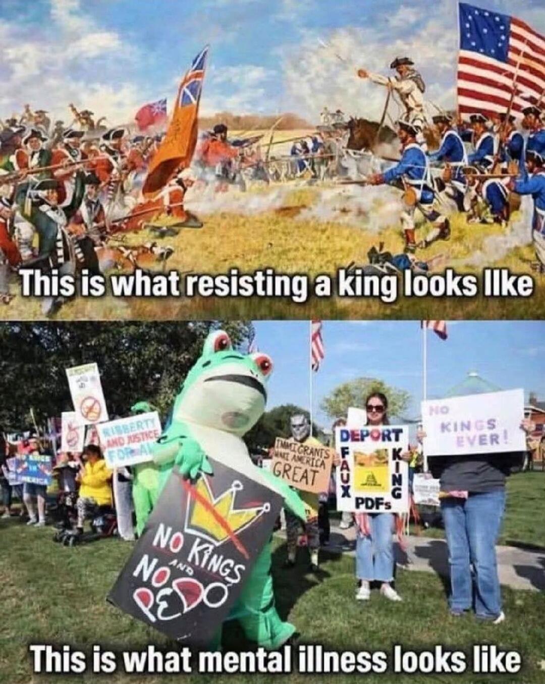 This is what resisting a king looks like. This is what mental illness looks like. Signs visible: NO KINGS and NO PEDO, DEPORT F***ING PDFs, NO KINGS EVER!, IMMIGRANTS MAKE AMERICA GREAT, LIBERTY AND JUSTICE FOR ALL.