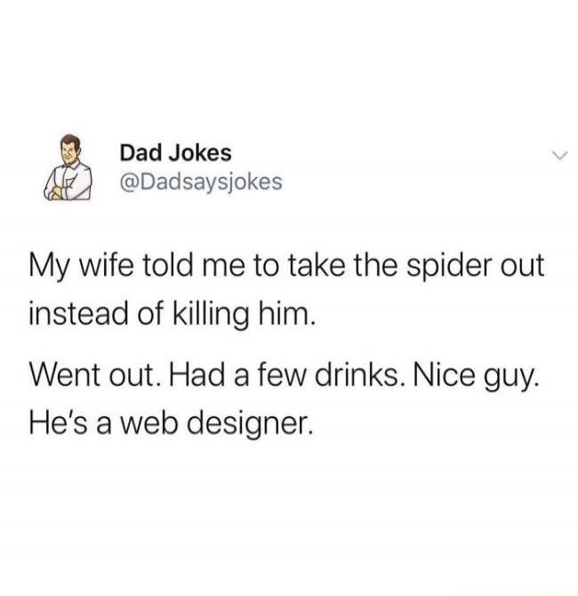 My wife told me to take the spider out instead of killing him. Went out. Had a few drinks. Nice guy. He's a web designer.