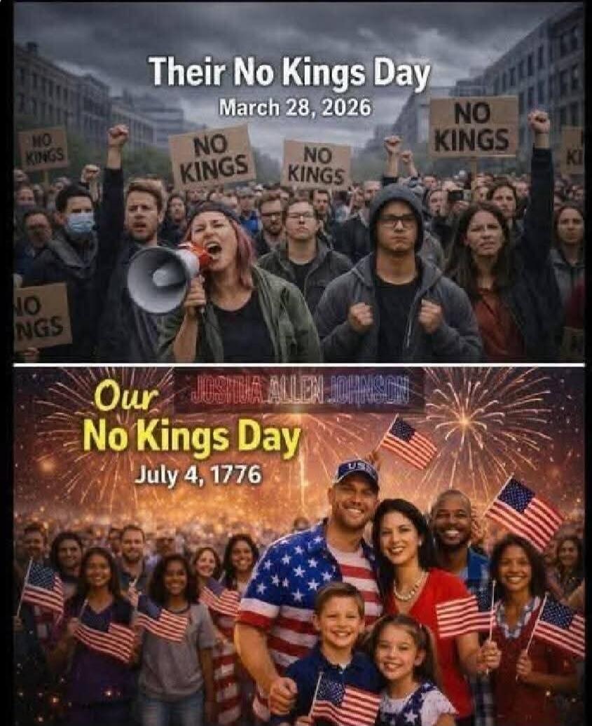 Their No Kings Day March 28, 2026. NO KINGS. Our No Kings Day July 4, 1776. JOSHUA ALLEN JOHNSON.