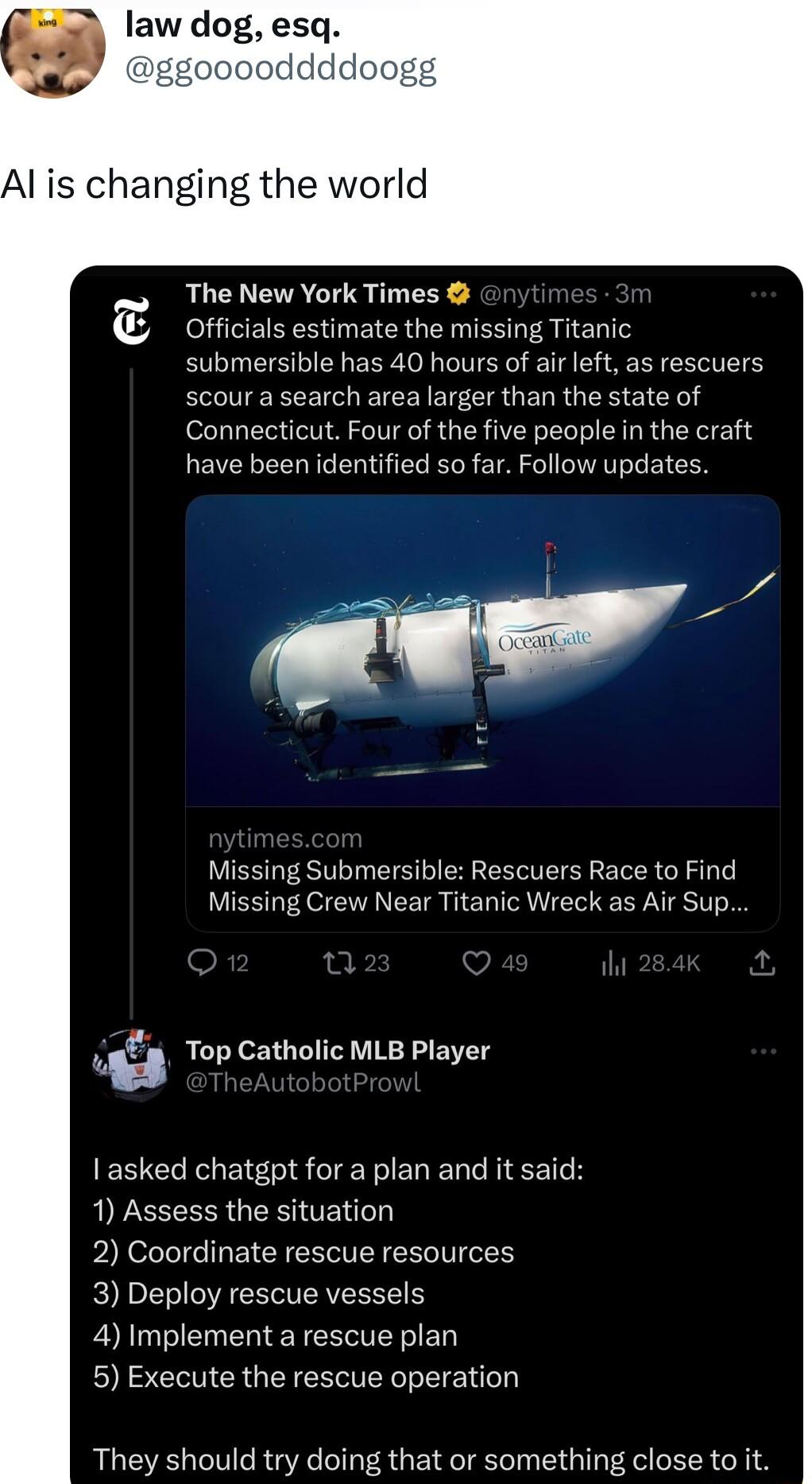 law dog esq oodd Al is changing the world The New York Times Officials estimate the missing Titanic submersible has 40 hours of air left as rescuers scour a search area larger than the state of Connecticut Four of the five people in the craft have been identified so far Follow updates Missing Submersible Rescuers Race to Find Missing Crew Near Titanic Wreck as Air Sup Y Top Catholic MLB Player 1 a