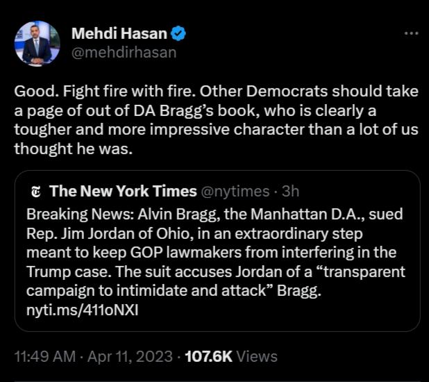 Good Fight fire with fire Other Democrats should take a page of out of DA Braggs book who is clearly a tougher and more impressive character than a lot of us thought he was The New York Times 1y Breaking News Alvin Bragg the Manhattan DA sued Rep Jim Jordan of Ohio in an extraordinary step meant to keep GOP lawmakers from interfering in the Trump case The suit accuses Jordan of a transparent campa