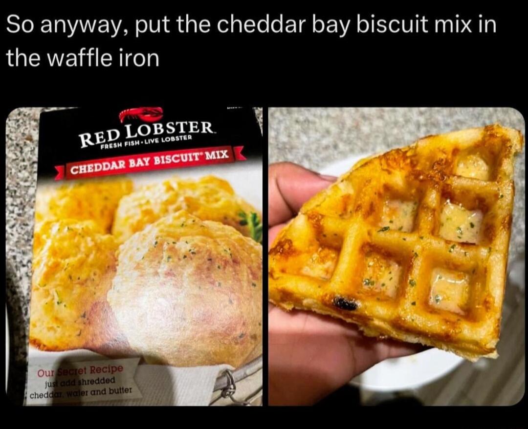 So anyway put the cheddar bay biscuit mix in the waffle iron