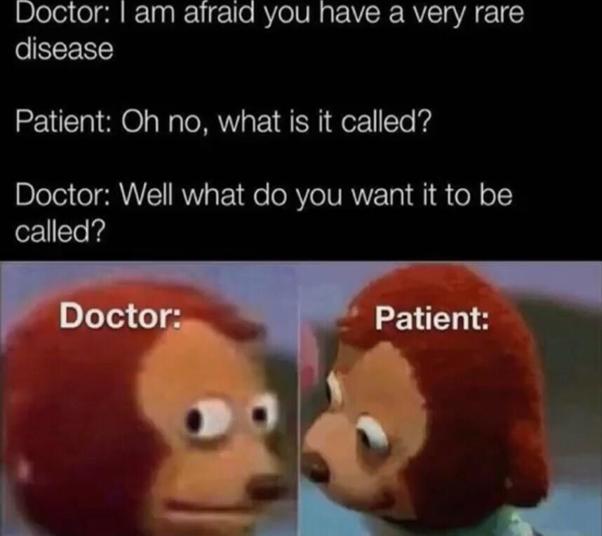 Doctor am afraid you have a very rare disease Patient Oh no what is it called Doctor Well what do you want it to be called