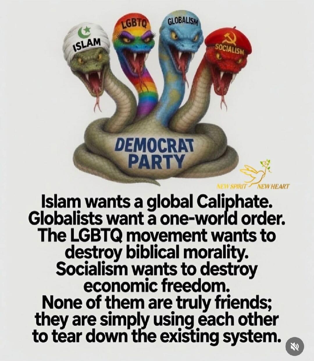 DEMOCRAT PARTY ISLAM LGBTQ GLOBALISM SOCIALISM Islam wants a global Caliphate. Globalists want a one-world order. The LGBTQ movement wants to destroy biblical morality. Socialism wants to destroy economic freedom. None of them are truly friends; they are simply using each other to tear down the existing system. NEW SPIRIT NEW HEART