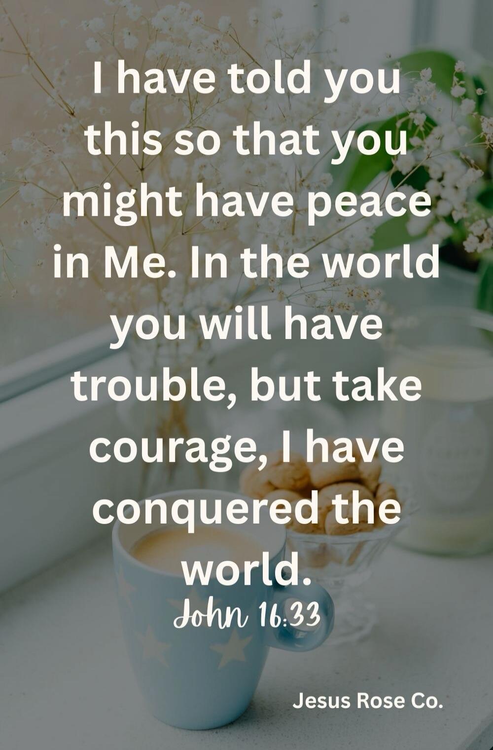 I have told you this so that you might have peace in Me. In the world you will have trouble, but take courage, I have conquered the world. John 16:33
 Jesus Rose Co.