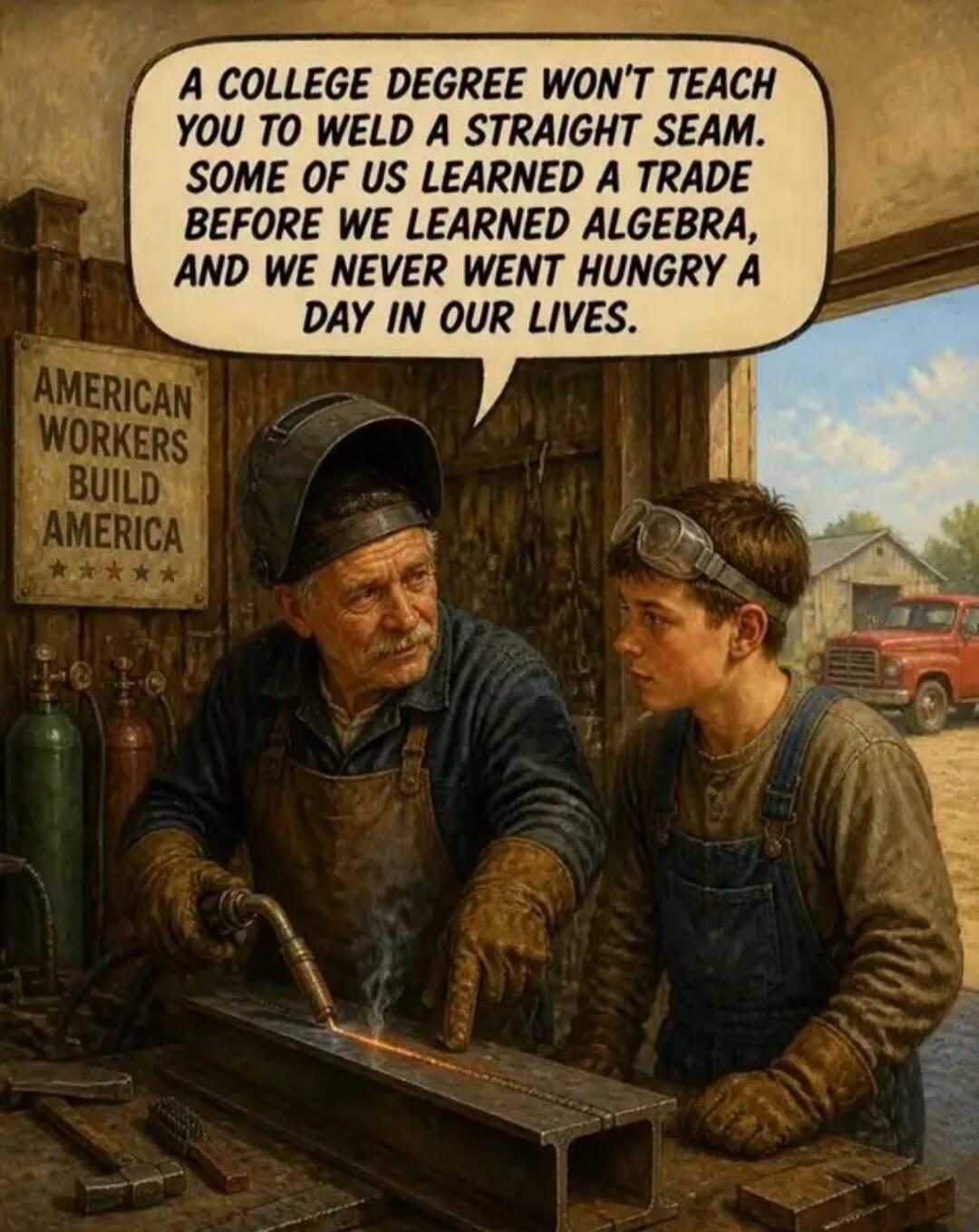 A COLLEGE DEGREE WON'T TEACH YOU TO WELD A STRAIGHT SEAM. SOME OF US LEARNED A TRADE BEFORE WE LEARNED ALGEBRA, AND WE NEVER WENT HUNGRY A DAY IN OUR LIVES. AMERICAN WORKERS BUILD AMERICA