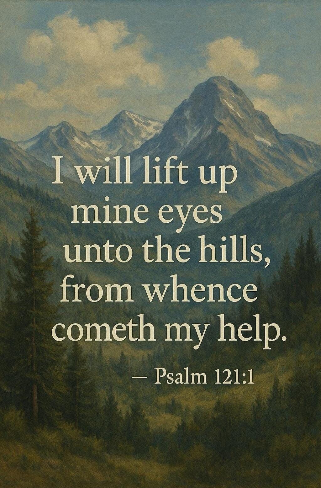 I will lift up mine eyes unto the hills, from whence cometh my help. — Psalm 121:1