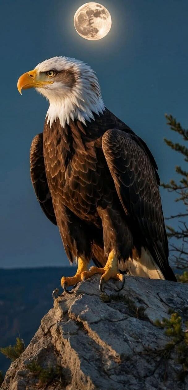 A bald eagle perched on a rocky ledge with a full moon in the background.