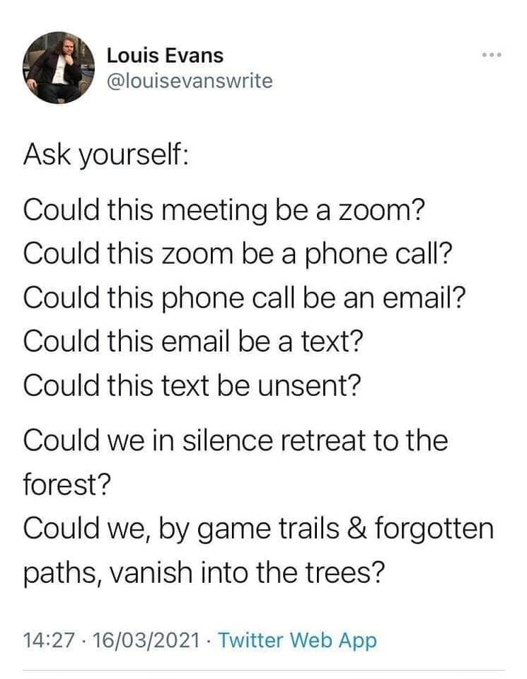 Louis Evans louisevanswrite Ask yourself Could this meeting be a zoom Could this zoom be a phone call Could this phone call be an email Could this email be a text Could this text be unsent Could we in silence retreat to the forest Could we by game trails forgotten paths vanish into the trees 1427 16032021 Twitter Web App