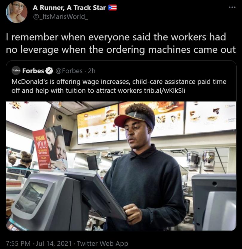 C A Runner A Track Star y VS remember when everyone said the workers had no leverage when the ordering machines came out Forbes Forbe McDonalds is offering wage increases child care assistance paid time off and help with tuition to attract workers tribalwKIkSli