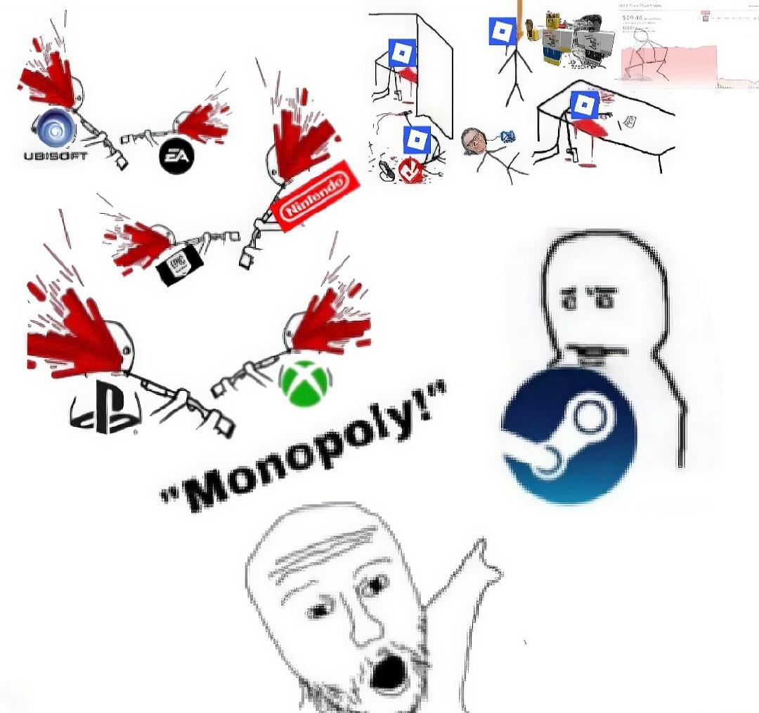 Stick figures representing various gaming companies like Ubisoft, EA, Nintendo, Epic Games, PlayStation, and Xbox are shown fighting, with stylized blood splatters. Another scene shows stick figures with Roblox logos, one appearing dead on the floor, one on a table, and one standing, with a shopping cart and a price tag of '$29.40'. A character hol