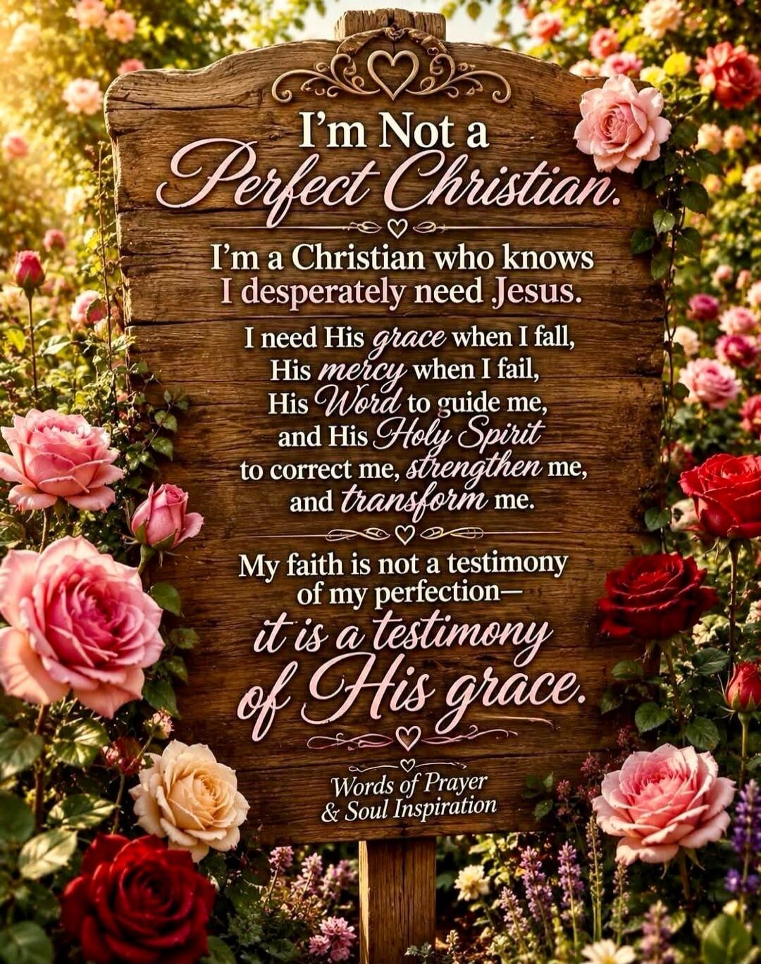 I'm Not a Perfect Christian. I'm a Christian who knows I desperately need Jesus. I need His grace when I fall, His mercy when I fail, His Word to guide me, and His Holy Spirit to correct me, strengthen me, and transform me. My faith is not a testimony of my perfection— it is a testimony of His grace. Words of Prayer & Soul Inspiration
