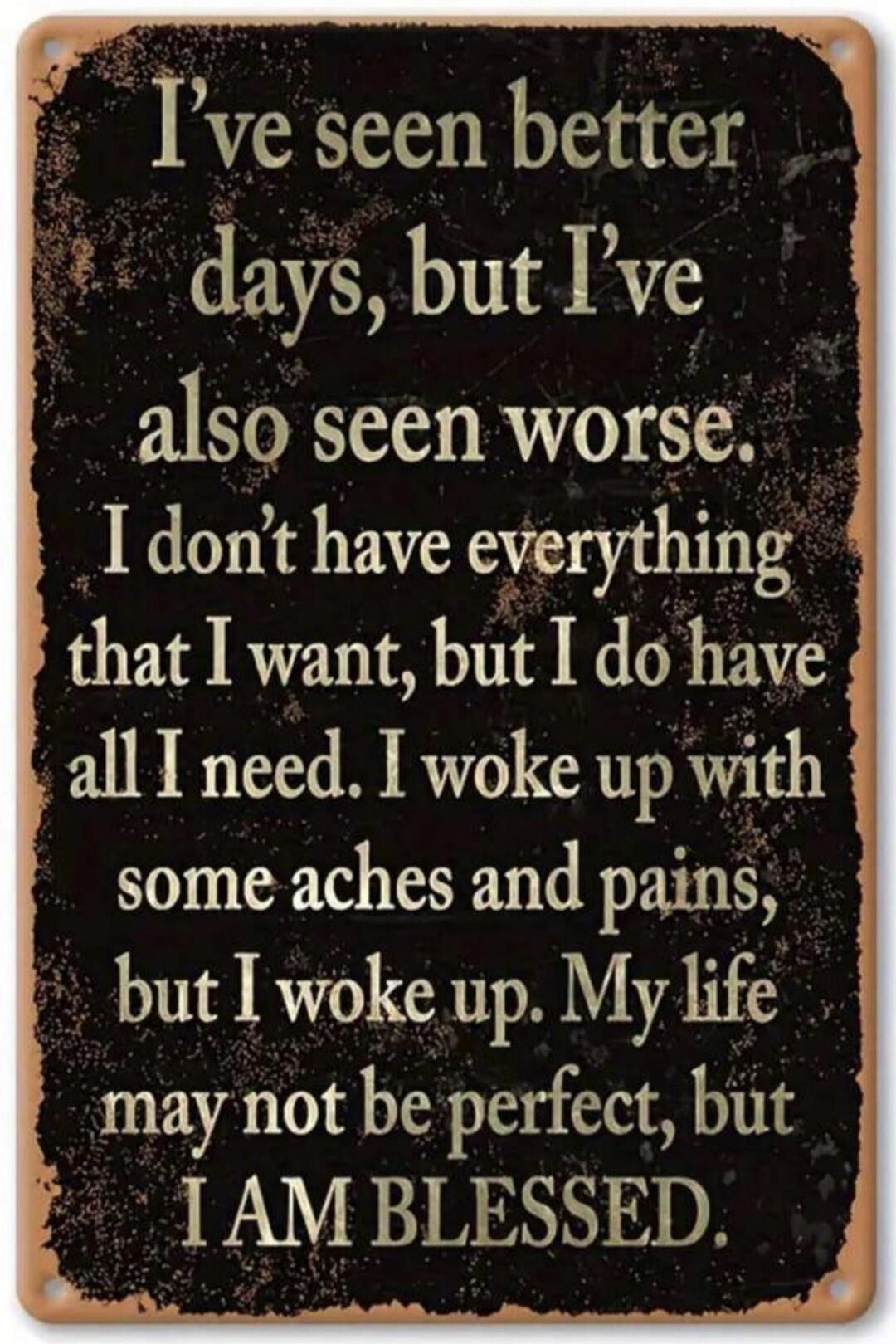 I've seen better days, but I've also seen worse. I don't have everything that I want, but I do have all I need. I woke up with some aches and pains, but I woke up. My life may not be perfect, but I AM BLESSED.