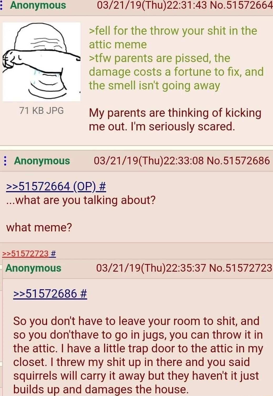 Anonymous 032119Thu223143 No51572664 fell for the throw your shit in the attic meme tfw parents are pissed the damage costs a fortune to fix and the smell isnt going away 71KB JPG My parents are thinking of kicking me out Im seriously scared i Anonymous 032119Thu223308 No51572686 2251572664 OP what are you talking about what meme 34 Anonymous 032119Thu223537 No51572723 51572686 So you dont have to
