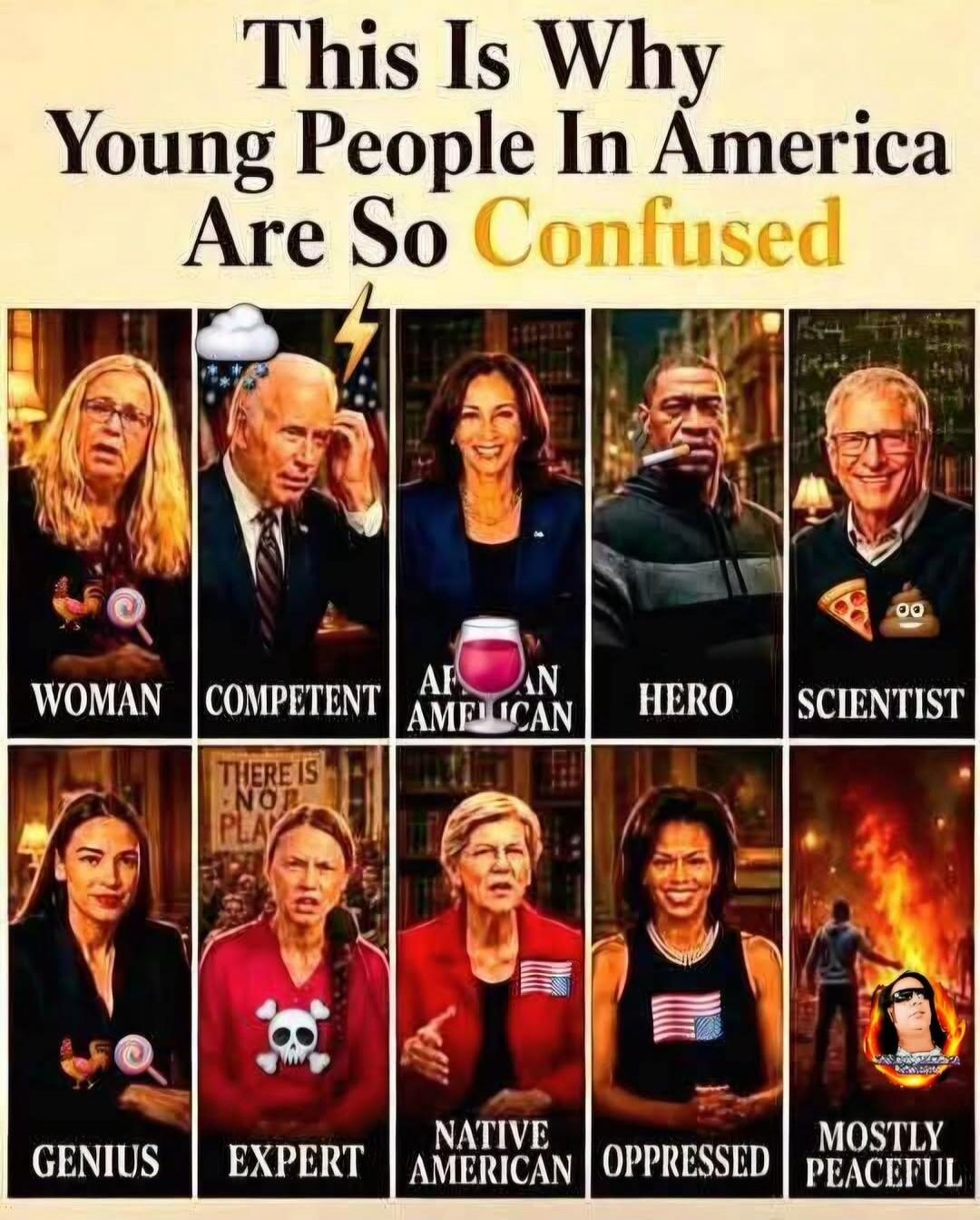 This Is Why Young People In America Are So Confused. WOMAN, COMPETENT, AFRICAN AMERICAN, HERO, SCIENTIST, GENIUS, EXPERT, NATIVE AMERICAN, OPPRESSED, MOSTLY PEACEFUL. (Images show various public figures with ironic or sarcastic labels, e.g., Joe Biden labeled 'COMPETENT' with a cloud and lightning, George Floyd labeled 'HERO', Bill Gates labeled 'S