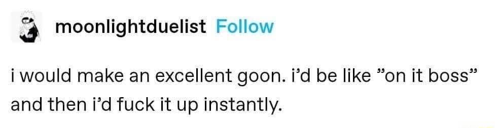 moonlightduelist Follow i would make an excellent goon id be like on it boss and then id fuck it up instantly