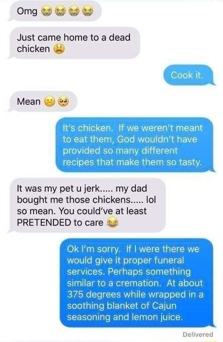 M PWOW Just came home to a dead chicken Cook it It was my pet u jerk my dad bought me those chickens ol so mean You couldve at least PRETENDED to care Delivered