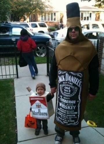 Marlboro on child costume box; Jack Daniel's bottle costume text: Jack Daniel's Old No.7 Tennessee Whiskey