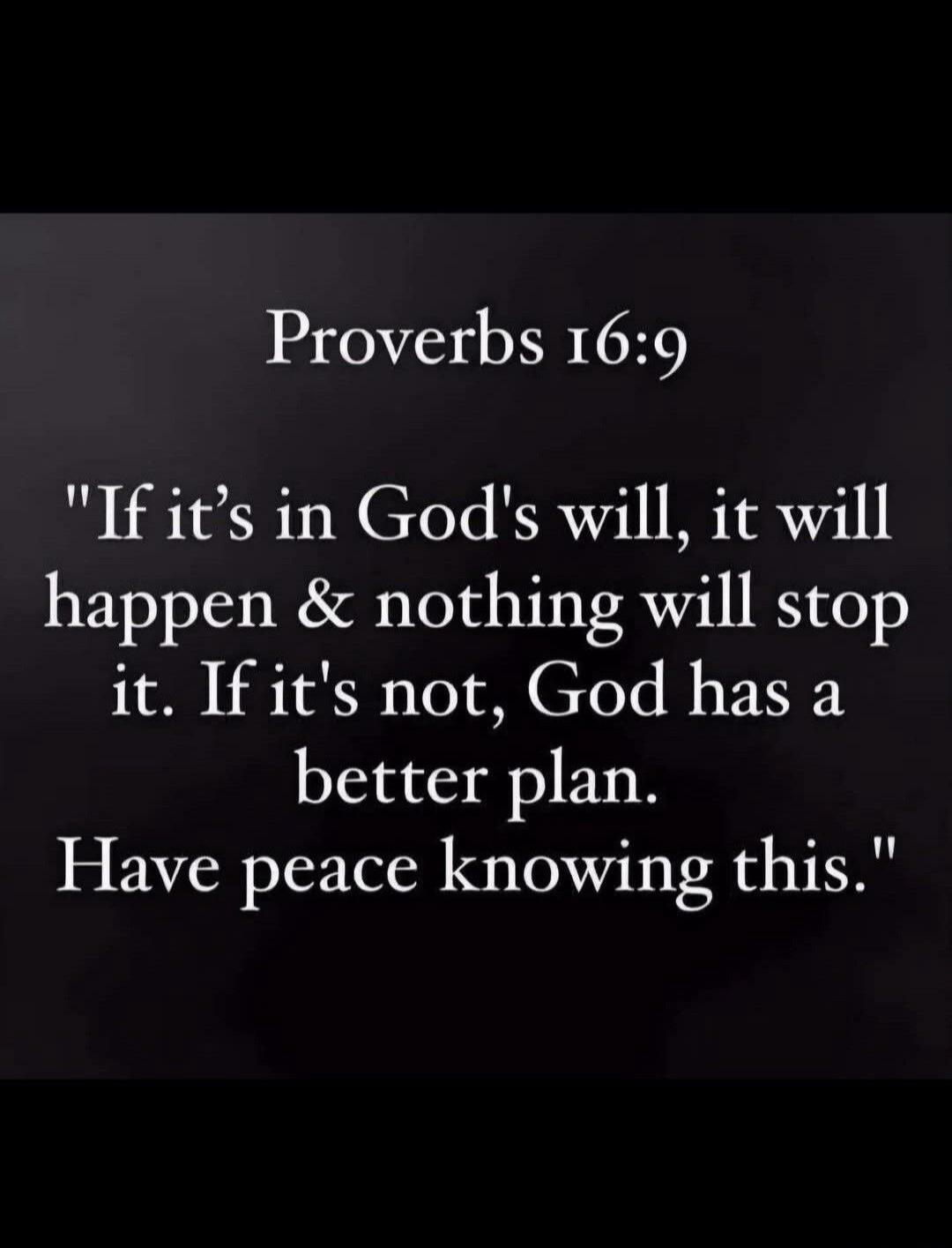 Proverbs 16:9 If it's in God's will, it will happen & nothing will stop it. If it's not, God has a better plan. Have peace knowing this.