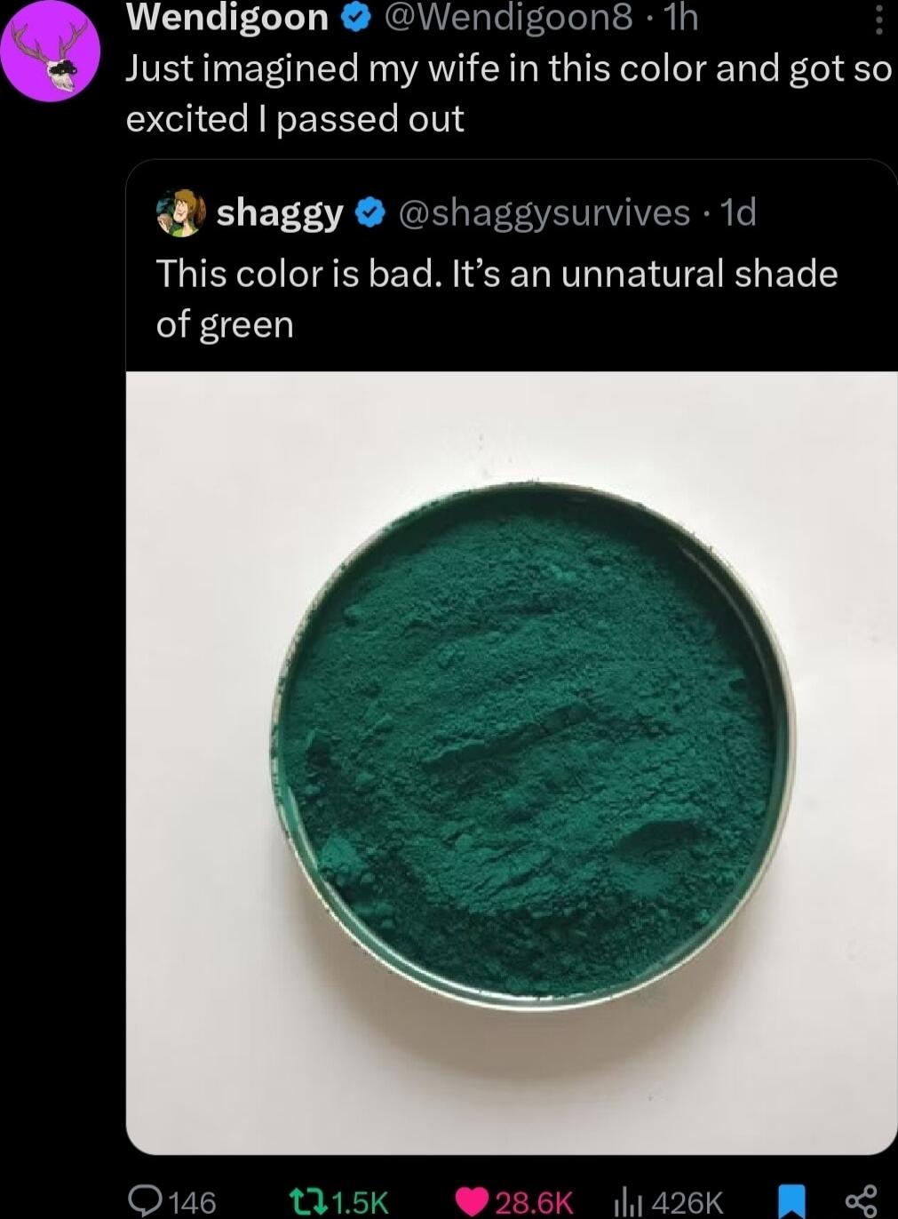 Wendigoon alel h y Justimagined my wife in this color and got so excited passed out shaggy shaggysurvives 1d This color is bad Its an unnatural shade of green 115K 426