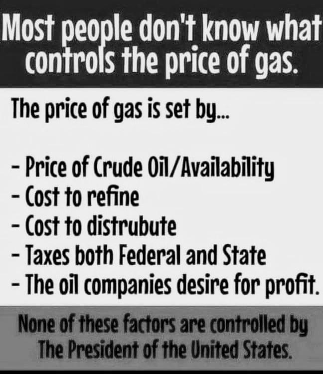 Most people dont know what controls the price of gas The price of gas is set by Price of Crude 0ilAvailability ost to refine ost to distrubute Taxes both Federal and State The oil companies desire for profit