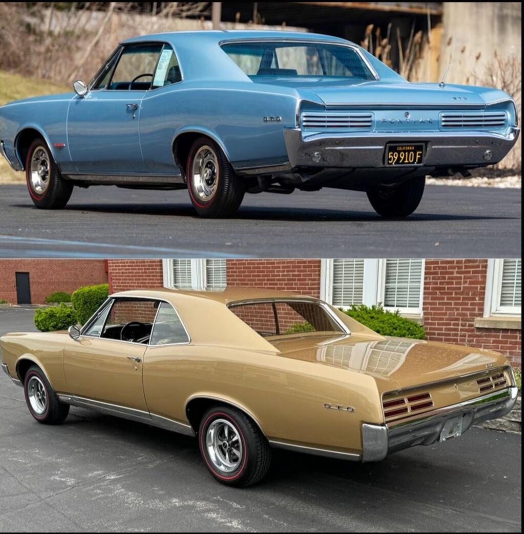 Two classic Pontiac GTO cars, one light blue and one gold, parked outdoors. The blue car has a California license plate '59 910 F'.