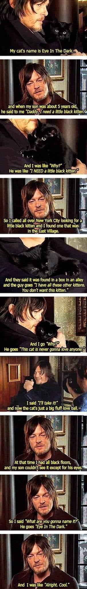 andwhenmysonwasabotnsyaarsoid he sald to me Daddy 1 need a itle biack kitten VoAa And they said it was found In a box in an alley and the guy goes T have all these other kittens You dont want this kitten lsald Tl take 1 andmnthecatsustabloulwa bal So1said Watareyougonnanamelt He goes Eye In The Dark