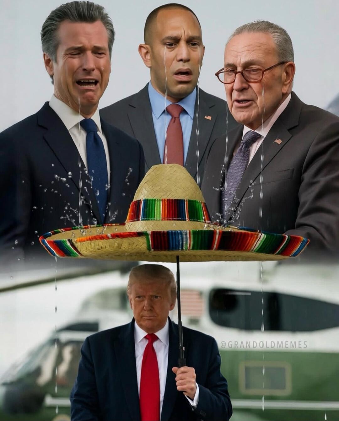 Three suited men crying above a sombrero being splashed by water drops; former President Donald Trump standing under an umbrella.