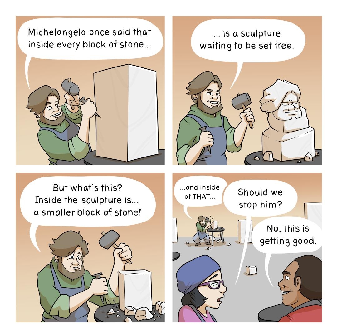 4 Michelangelo once said that isa sculpture inside every block of stone waiting o be set free But whats this Inside the sculpture is a smaller block of stone andrinside o of THAT Should we stop him b J No this is L gefting good A inkyrickshawcom inkyrickshaw