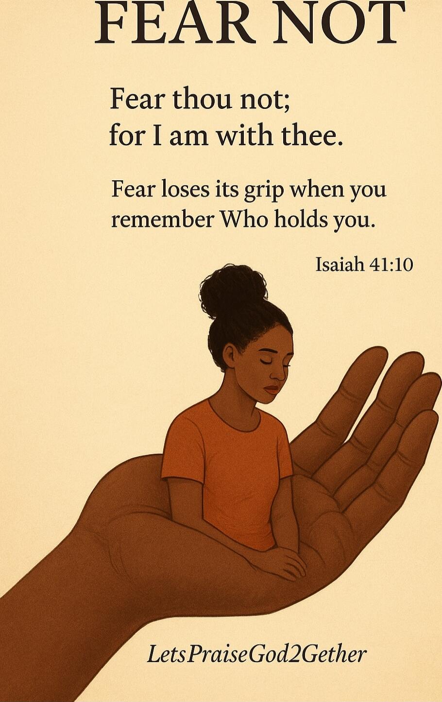 FEAR NOT
Fear thou not; for I am with thee.
Fear loses its grip when you remember Who holds you.
Isaiah 41:10
LetsPraiseGod2Getter