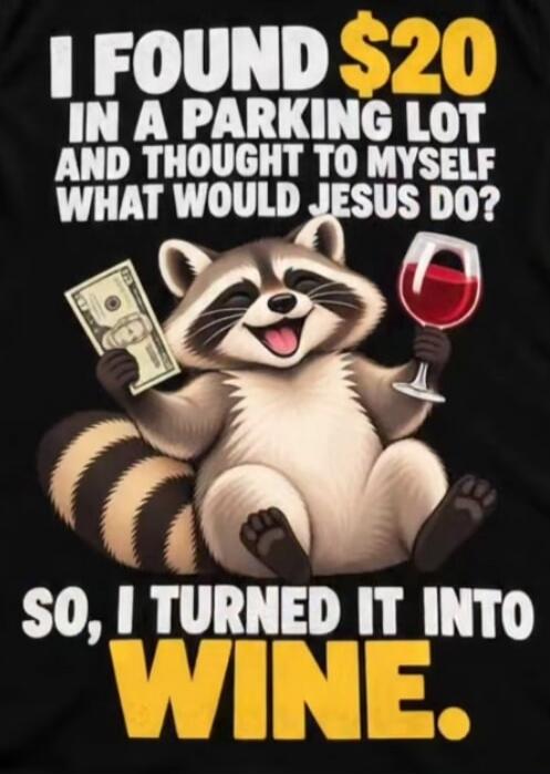I FOUND $20 IN A PARKING LOT AND THOUGHT TO MYSELF WHAT WOULD JESUS DO? SO, I TURNED IT INTO WINE.