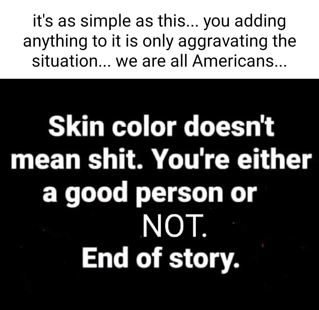 its as simple as this you adding anything to it is only aggravating the situation we are all Americans Skin color doesnt mean shit Youre either a good person or NOT End of story