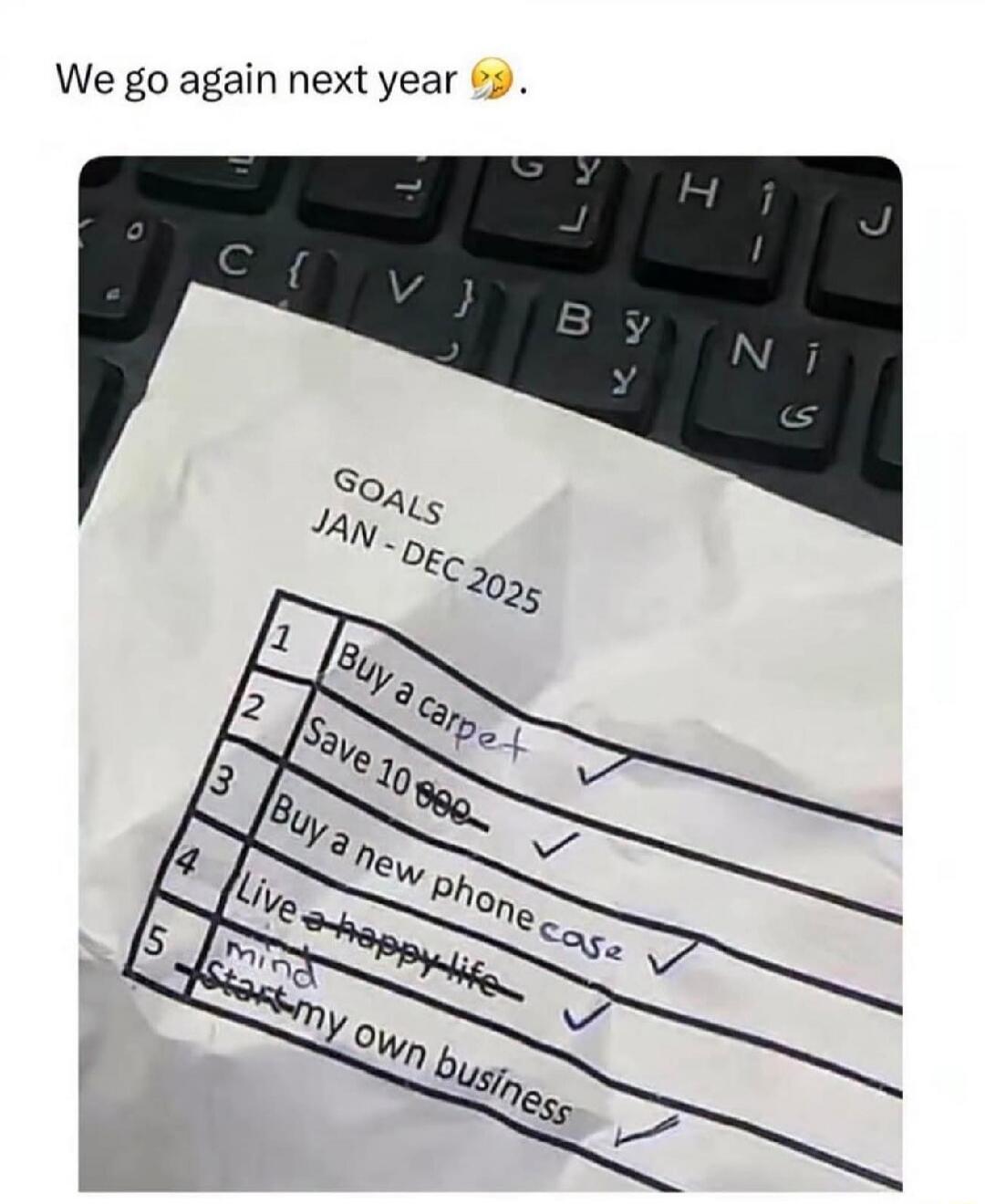 We go again next year 🤔. 
GOALS JAN - DEC 2025
1 Buy a carpet ✔
2 Save 10 000
3 Buy a new phone case ✔
4 Live a happy life ✔
5 Start my own business ✔