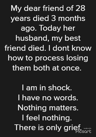 My dear friend of 28 years died 3 months ago Today her husband my best figale Wo Yo M Wololq dl ge g oA ol o oYelt 1 M ege them both at once am in shock have no words Nothing matters RTMaleliallgle There is only grief fe lelyl