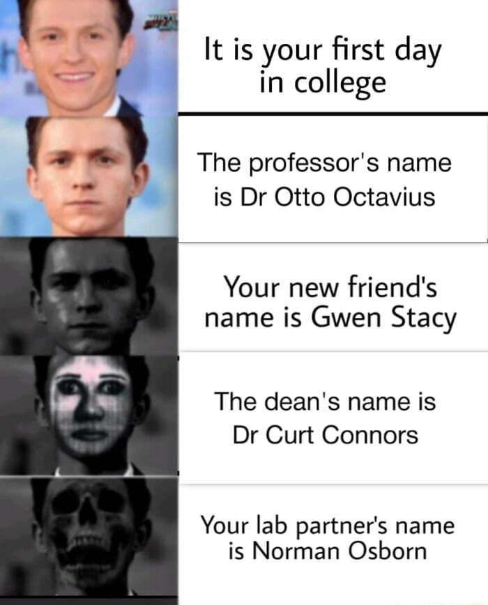 It is your first day in college The professors name is Dr Otto Octavius Your new friends name is Gwen Stacy The deans name is Dr Curt Connors Your lab partners name is Norman Osborn