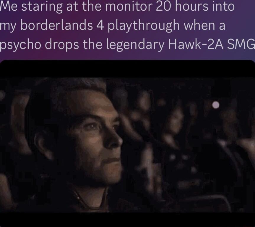 Me staring at the monitor 20 hours into my borderlands 4 playthrough when a psycho drops the legendary Hawk 2A SMG i