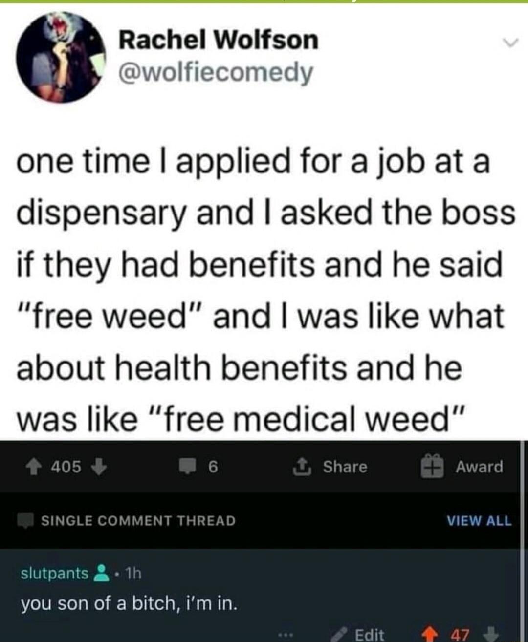 Rachel Wolfson wolfiecomedy one time applied forajob ata dispensary and asked the boss if they had benefits and he said free weed and was like what about health benefits and he was like free medical weed you son of a bitch im in