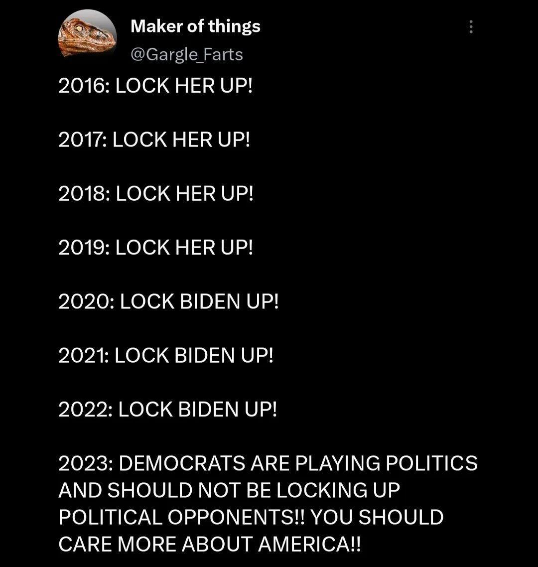 S Maker of things Gargle Farts 2016 LOCK HER UP 2017 LOCK HER UP pLoiaRelel 9210 pLoicHNelel g2 152301 2020 LOCK BIDEN UP pLoviHRelergilo N AVI 2022 LOCK BIDEN UP 2023 DEMOCRATS ARE PLAYING POLITICS AND SHOULD NOT BE LOCKING UP POLITICAL OPPONENTS YOU SHOULD CARE MORE ABOUT AMERICA