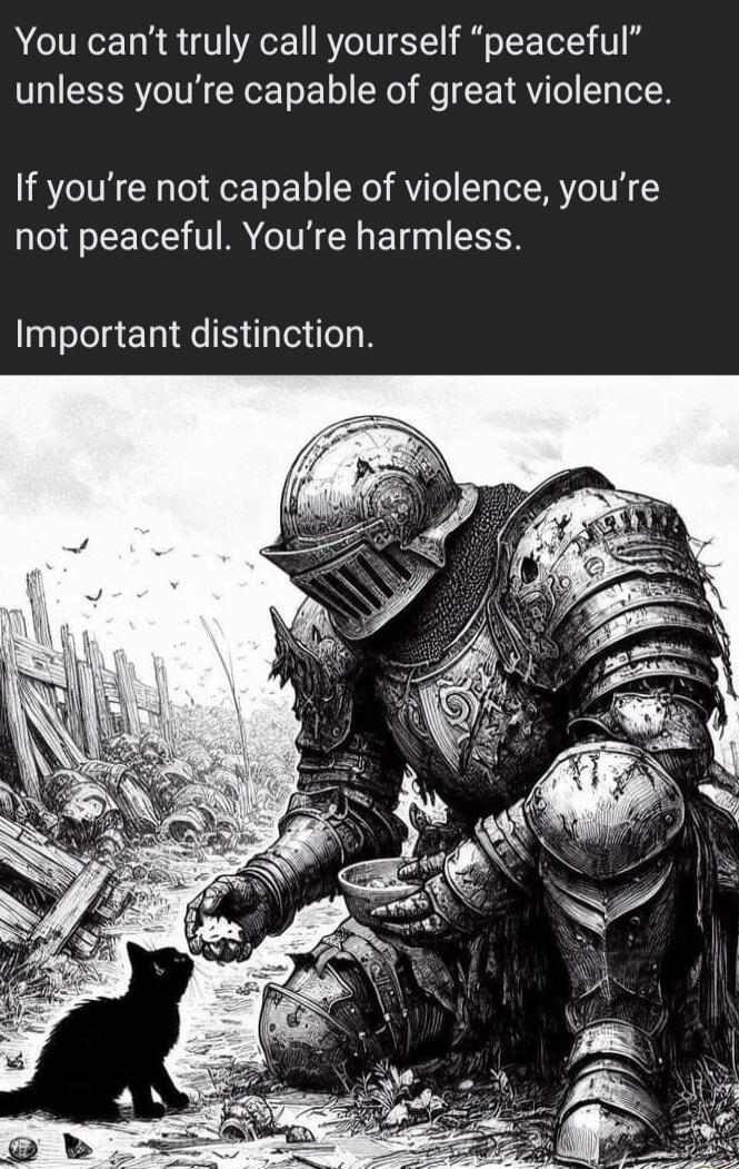 You cant truly call yourself peaceful unless youre capable of great violence If youre not capable of violence youre not peaceful Youre harmless Important distinction