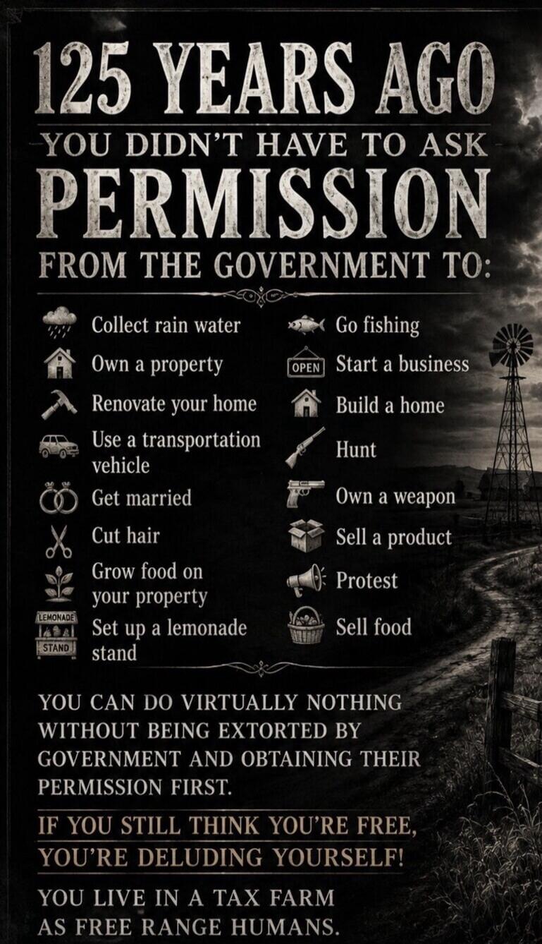 125 YEARS AGO YOU DIDN'T HAVE TO ASK PERMISSION FROM THE GOVERNMENT TO: Collect rain water, Go fishing, Own a property, Start a business, Renovate your home, Build a home, Use a transportation vehicle, Hunt, Get married, Own a weapon, Cut hair, Sell a product, Grow food on your property, Protest, Set up a lemonade stand, Sell food. YOU CAN DO VIRTU