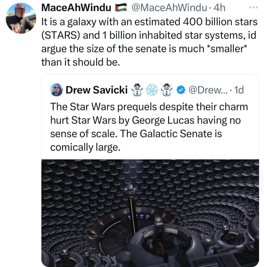 MaceAhWindu E MaceAhWindu 4h Itis a galaxy with an estimated 400 billion stars STARS and 1 billion inhabited star systems id argue the size of the senate is much smaller than it should be prew Savicki 5 Drew 1d The Star Wars prequels despite their charm hurt Star Wars by George Lucas having no sense of scale The Galactic Senate is comically large