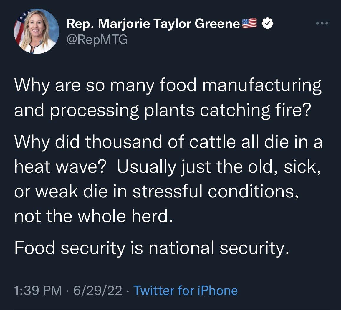 y Rep Marjorie Taylor Greene RepMTG NOWAETCERTo N ETa VA felolo M ETa Vl Yox 0 dTal4 and processing plants catching fire Why did thousand of cattle all die in a heat wave Usually just the old sick or weak die in stressful conditions not the whole herd Felele RITINA R EY e 1 RS U1 YA 139 PM 62922 Twitter for iPhone