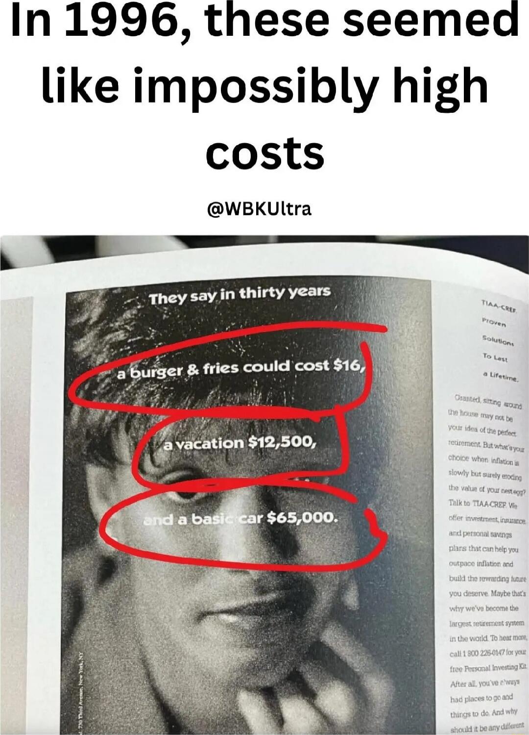 In 1996, these seemed like impossibly high costs They say in thirty years a burger & fries could cost $16, a vacation $12,500, and a basic car $65,000.