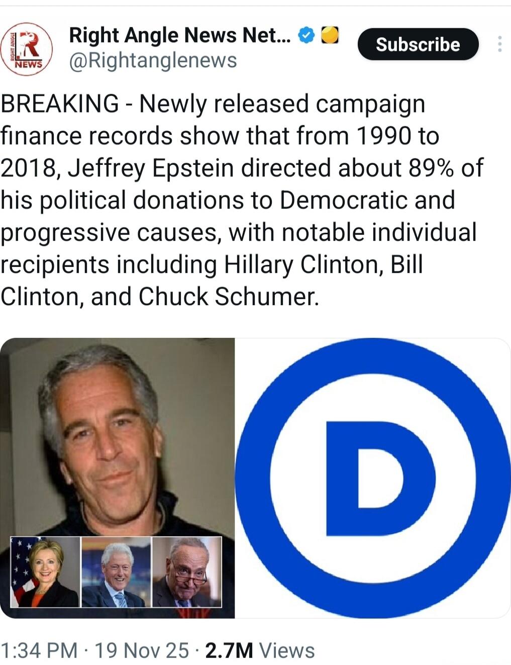 BREAKING - Newly released campaign finance records show that from 1990 to 2018, Jeffrey Epstein directed about 89% of his political donations to Democratic and progressive causes, with notable individual recipients including Hillary Clinton, Bill Clinton, and Chuck Schumer.