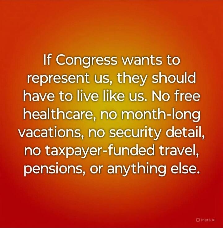 If Congress wants to represent us, they should have to live like us. No free healthcare, no month-long vacations, no security detail, no taxpayer-funded travel, pensions, or anything else.